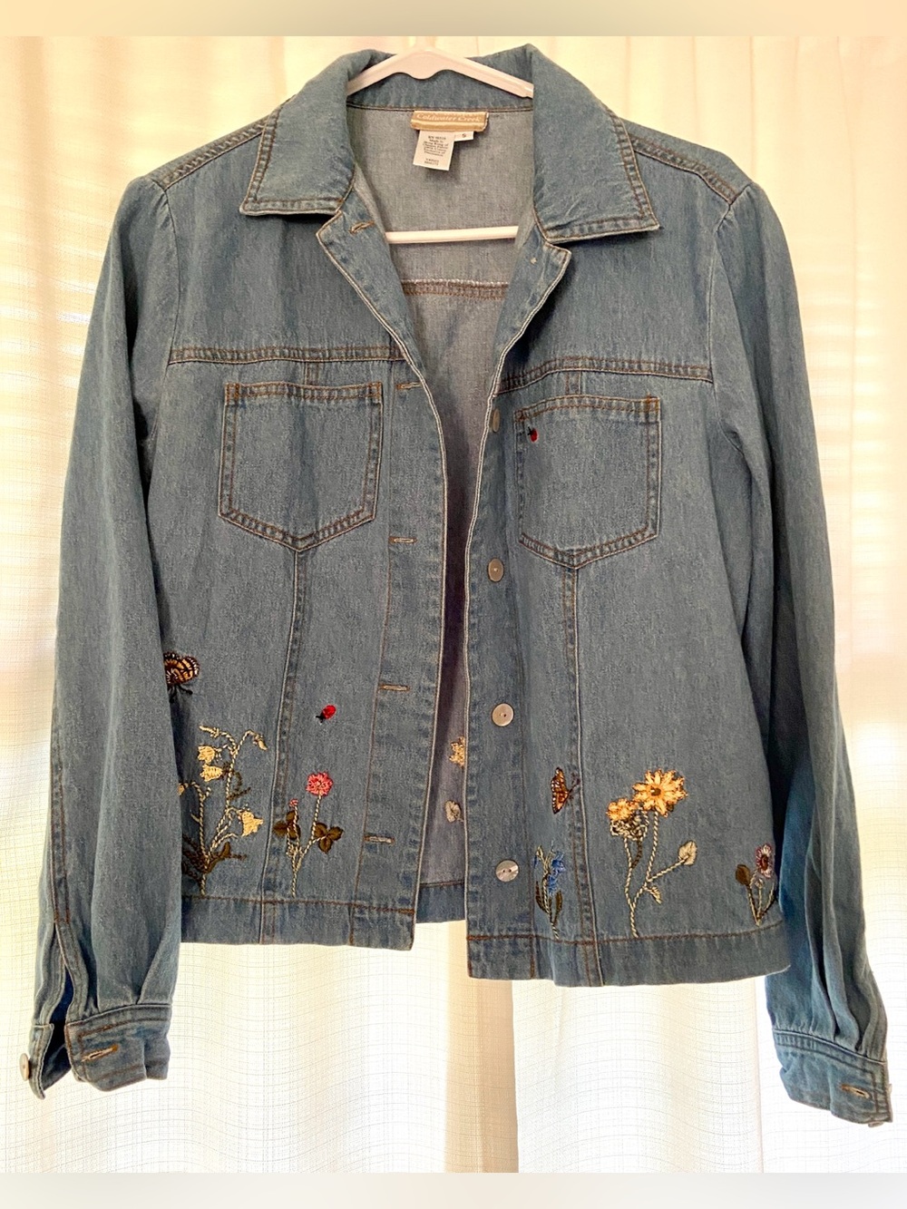 Coldwater Creek Blue Denim Embroidered Shirt Jacket Butterflies Flowers